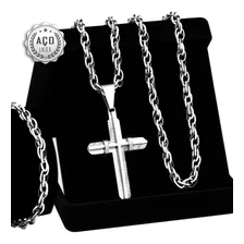 Conjunto Corrente Pulseira Masculino Cruz J-1192 Aço Inox