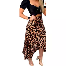 Saia Envelope Midi Longa Transpassada Onça Animal Print Moda