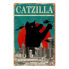 Divertido Letrero Metal Hojalata Vintage Catzilla Gato Negro