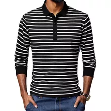 Camiseta Polo De Larga Manga Rayas Negras Hombre Cultivo