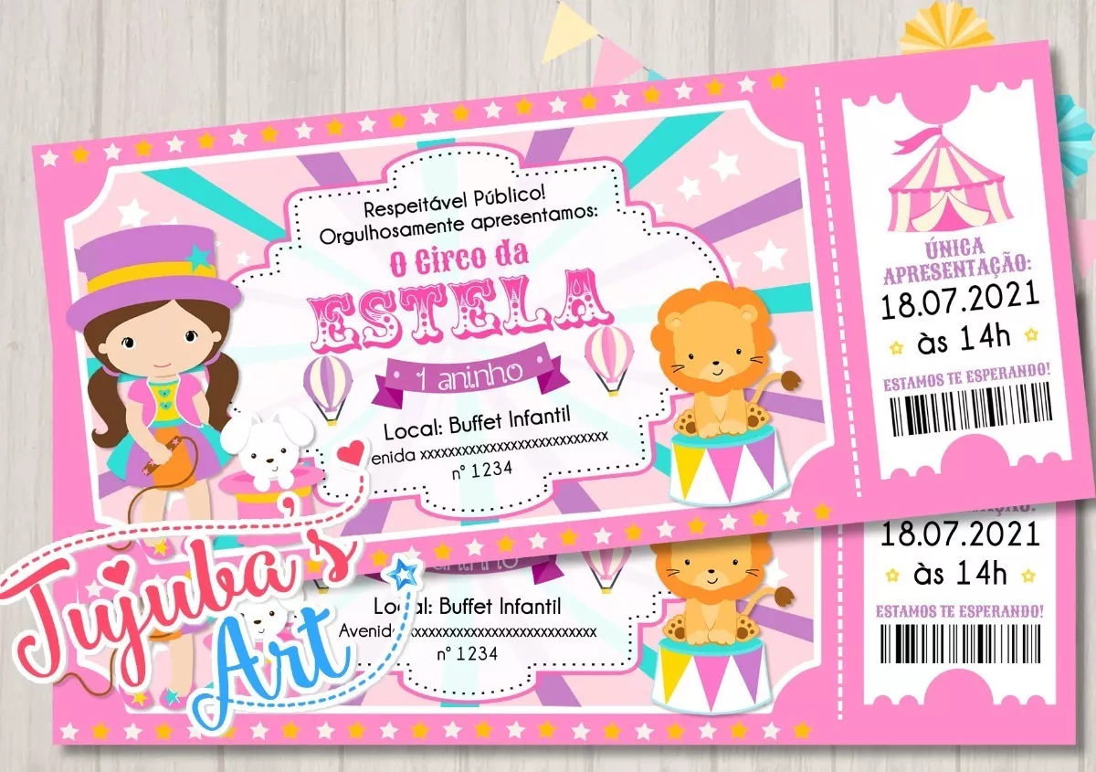 Arte Digital Convite Ingresso Circo Rosa Menina #mod13-1