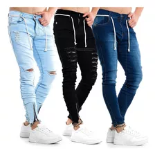 Kit 3 Calça Jeans Masculina Destroyed Rasgada Zíper Lycra