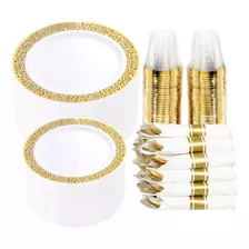 Vajilla Elegante Blanco Dorado Para Fiesta Plastico 350pzs