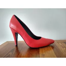 Zapato Stilleto Cuero Rojo Elegante Sin Plataforma Talle 39