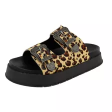 Sandália Plataforma Slide Couro Animal Print Coleção Savage