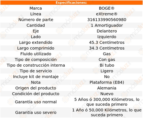 1- Amortiguador Gas Delantero Izq Bmw X1 10/15 Boge Extreme Foto 2