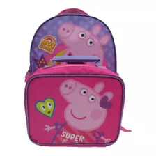 Mochila Peppa Pig Con Lonchera Escolar - Intek Color Rosa Diseño De La Tela Estampa Peppa