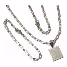 Pingente Pai Nosso+ Cordão+ Pulseira Elos Quadrados Aço Inox