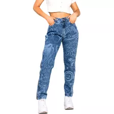 Calça Jeans Feminina Mom Estampada Com Zíper Lateral 21005