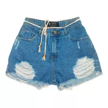 Short Jeans Feminino Rasgado Destroyed Cordão Cintura Alta