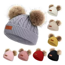 Gorro De Piel Sintética Con Doble Pompón, Gorro De Ganchillo