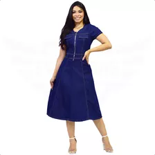 Vestido Midi Evasê Jeans Manga Curta Zíper Frontal - Escuro