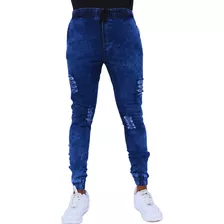 Calças Jogger Jeans Rasgada Masculina Com Punho Elástico