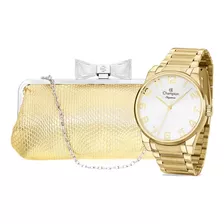 Relógio Feminino Champion Dourado Original + Bolsa Clutch Cor Do Fundo Branco