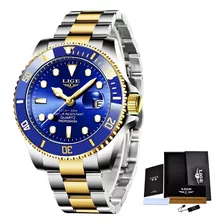 Relógio Masculino Lige Estilo Rolex Quartzo Azul E Dourado 