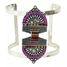 Pulseira Larga Grande Étnica Tribal Metal Miçanga Bordado