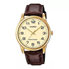 Reloj Pulsera Casio Enticer Mtp-v001 De Cuerpo Color Dorado, Analógica, Para Hombre, Fondo Dorado, Con Correa De Cuero Color Marrón, Agujas Color Dorado, Dial Negro, Minutero/segundero Negro, Bisel Co