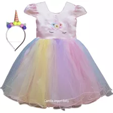 Vestido Infantil Tema Unicórnio Arco Irirs Festa Luxo 