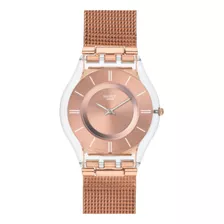 Reloj Pulsera Swatch Originals Hello Darling De Cuerpo Color Transparente, Analógico, Para Mujer, Fondo Rosa Dorado, Con Correa De Acero Inoxidable Color Rosa, Agujas Color Plateado, Dial Rosa, Bisel 