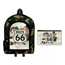 Combo Mochila Reforzada + Cartuchera Ruta Route 66 Pin Up