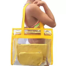 Bolsa Mulher Grande Praia Verão Impermeável Zíper Bolsinha Acambamento Dos Ferragens Alça Cor Amarelo/amarelo Desenho Do Tecido Liso