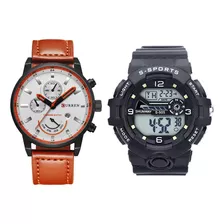 2pcs Relógio Masculino Pulseira Couro Aço Inox Esportivo