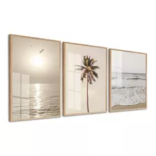 Kit 3 Quadros Decorativos Praia Coqueiro Bege Boho Com Vidro