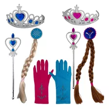 Kit Princesa Frozen 4 Acessórios Trança Luva Coroa Varinha Cor Azul
