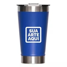 Copo Térmico Personalizado C/ Nome Logo Time C/ Tampa E Cor Azul Geométrico