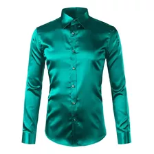 Camisa De Vestir De Satén De Seda Verde Para Hombre, Fiesta