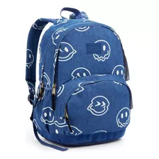 Mochila Escolar Juvenil Menina Jeans Emoji Reforçada Grande