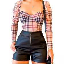 Short Couro Ecológico De Zíper Feminino Short Curto Estiloso