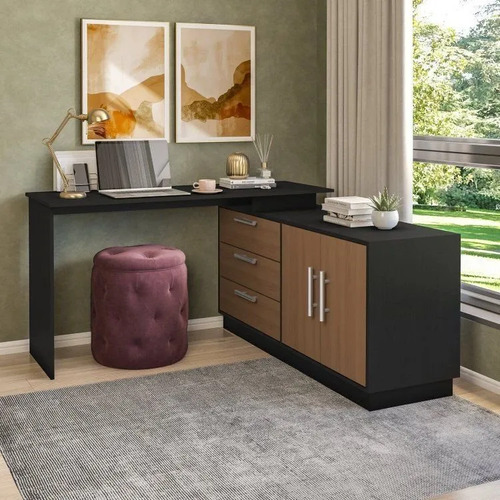 Mesa Escrivaninha Com Cômoda Com 3 Gavetas E 2 Portas Wt Preto/freijó