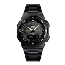 Reloj De Pulsera Skmei 1370 De Cuerpo Color Negro, Analógico-digital, Para Hombre, Fondo Negro, Con Correa De Acero Inoxidable Color Negro, Agujas Color Plata Y Negro, Dial Negro Y Blanco, Minutero/se