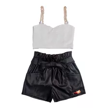 Conjunto Diva Infantil Cropped Paetê+ Short Couro Ecológico