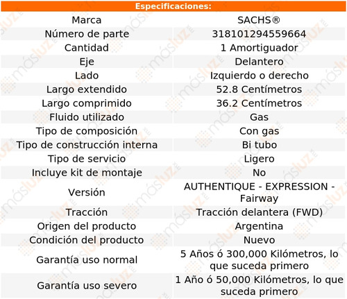 (1) Amortiguador Gas Del Izq/der Megane L4 2.0l 01/03 Sachs Foto 2