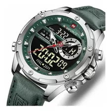 Reloj De Pulsera Naviforce Nf9197l De Cuerpo Color Plateado, Analógico-digital, Para Hombre, Fondo Verde Y Negro, Con Correa De Cuero Color Verde, Agujas Color Verde Y Blanco Y Plateado, Dial Blanco Y