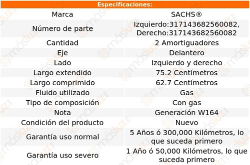 2- Amortiguadores Gas Delanteros Ml350 2006/2011 Sachs Foto 2