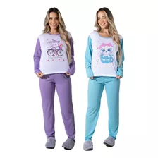 Kit 2 Pijama Longo Fechado Feminino Manga Comprida Inverno