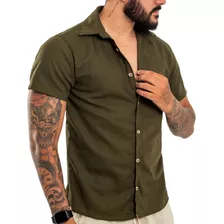 Camisa Botão Preta Social Linho Masculina Manga curta Praia