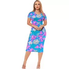 Midi Novo Vestido Estampado Tropical Colorido Moda Feminina 