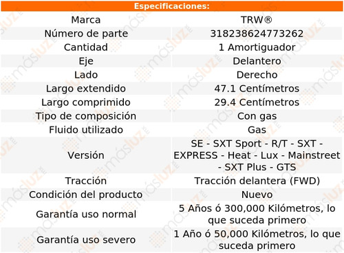 1- Amortiguador Gas Delantero Derecho Avenger 2008/2014 Trw Foto 2