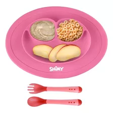 Shimy Plato Antideslizante Para Bebés Y Niños Con Cubiertos, Silicón De Alto Grado Alimenticio Libre De Bpa, Fácil De Limpiar, Ultrarresistente, Evita Derrames Y Accidentes, Color Rosa