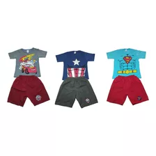 Kit 3 Conjuntos Infantil Menino 3 Camisas + 3 Bermudas 