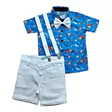 Roupa Festa Infantil Camisa Social Manga Curta Marinheiro Com Bermuda Suspensório E Gravata