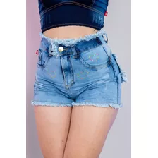 Short Jeans Feminino Amorosa Desfiado Com Coração Neon