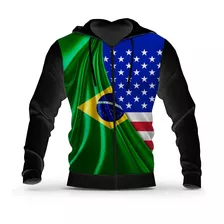 Moletom Aberto Bandeira Brasil E Estados Unidos 01 Agasalho