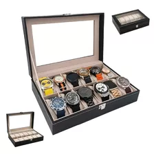 Estuche Alhajero Organizador De Relojes Y Joyas 12 Espacios Elegante, Con Almohadillas De Terciopelo, Piel  negro-beige