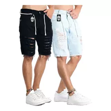 Kit Bermuda Masculina Jeans Sarja Short Rasgado Skinny 