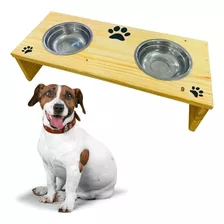 Pote Para Ração Elevado Base Madeira Tigela Inox Dog Cat